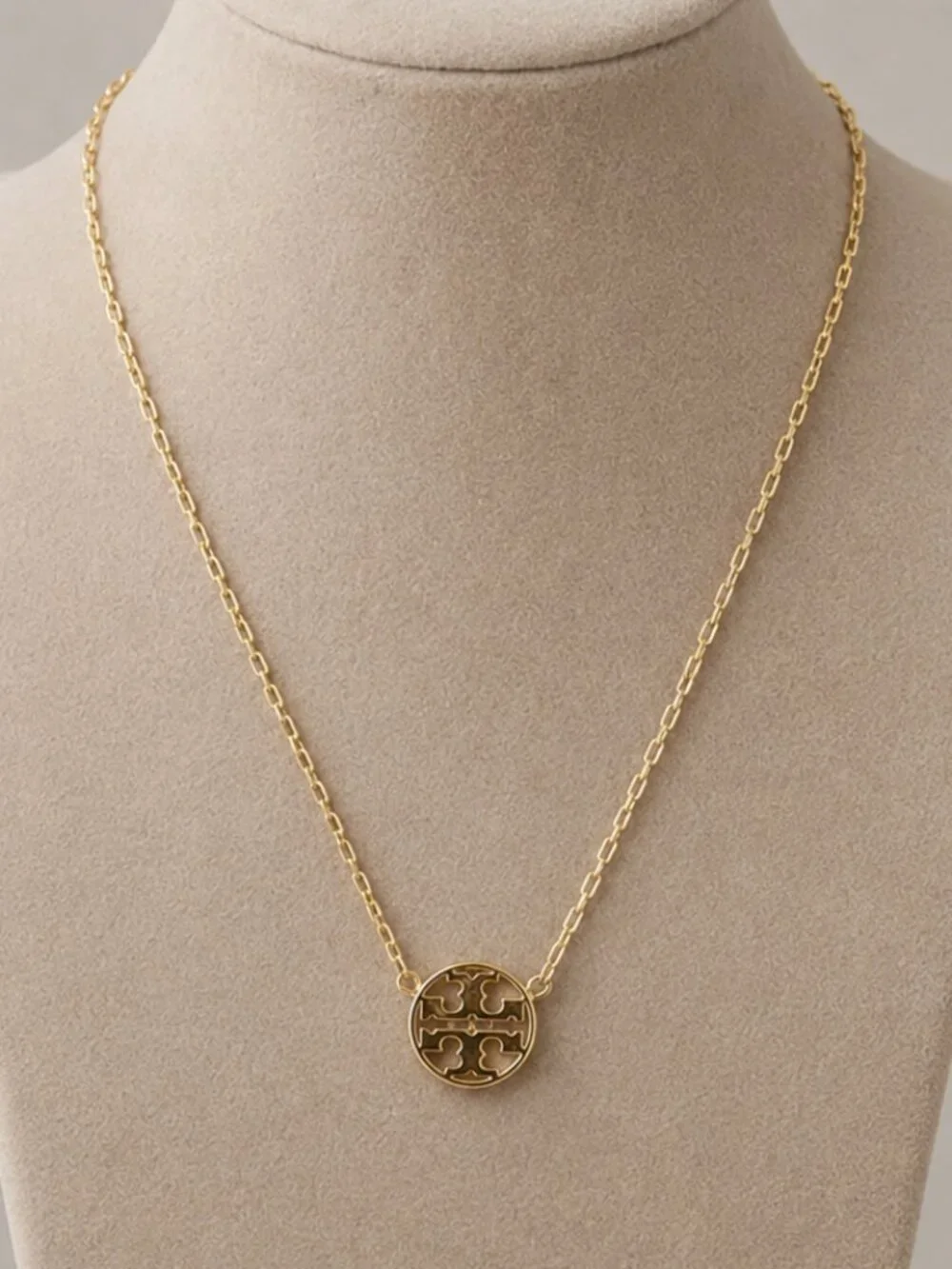 Tory Burch Polished Gold Double-T Round Pendant Necklace